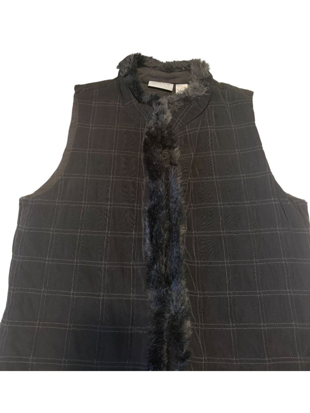 Chico's Black Faux Fur Detail Square Stitch Pattern Vest Size Medium